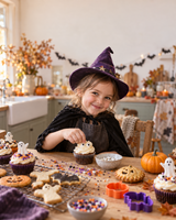 Menina vestida de bruxa a decorar cupcakes de Halloween