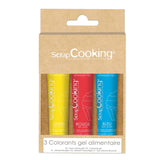 Trio de corantes em gel amarelo, azul e vermelho
