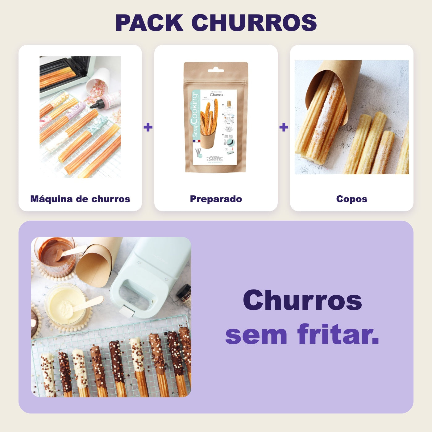 Pack Churros: máquina, preparado e copos. Churros sem fritar