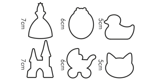 Cortadores figuras infantis:pato, gato, princesa, carrinho de bebé, palácio, joaninha